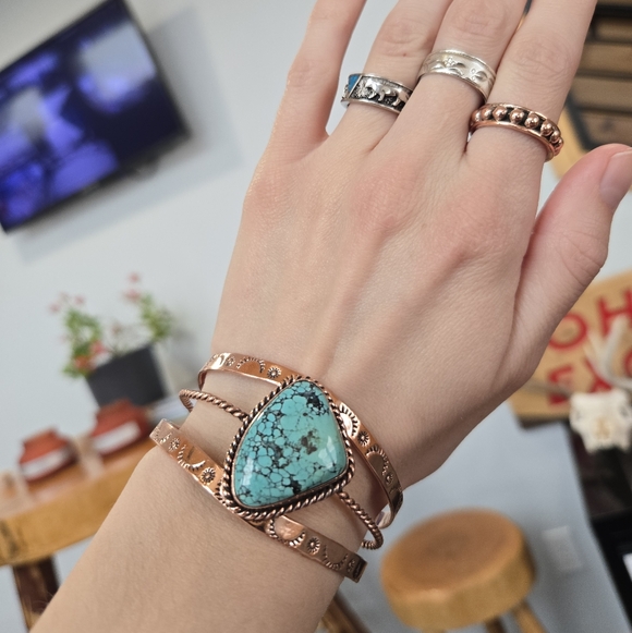 Handmade Jewelry - Turquoise Copper Engraved Cuff Bracelet